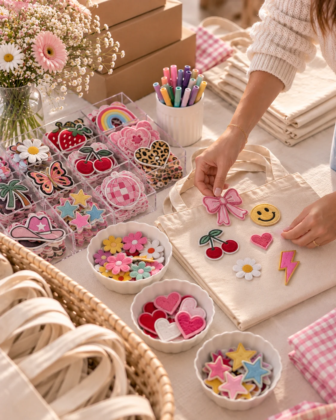 Behind-the-scenes close-up of a creative event table being prepared