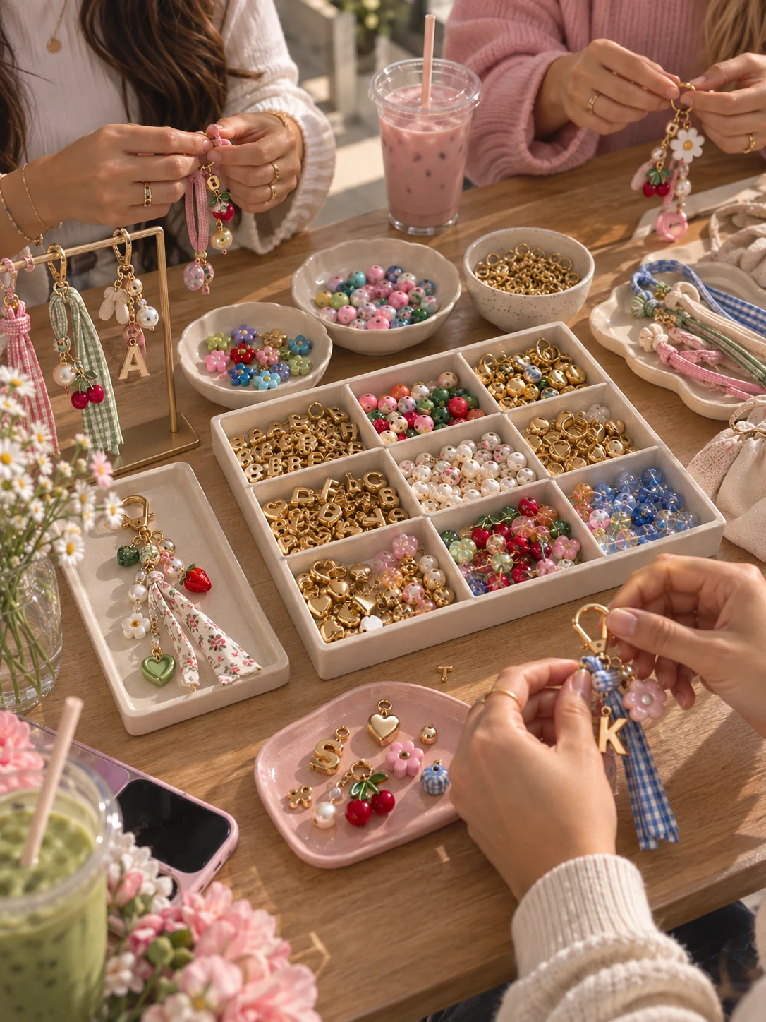 Friends creating colorful charms together around a craft table