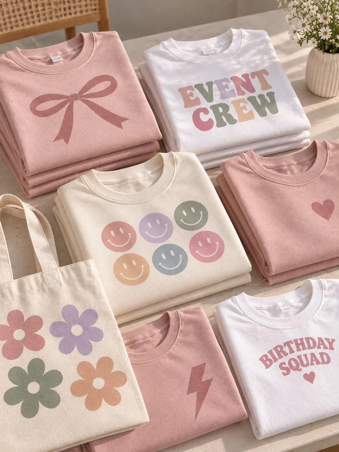 Styled collection of custom shirts, sweatshirts, and accessories