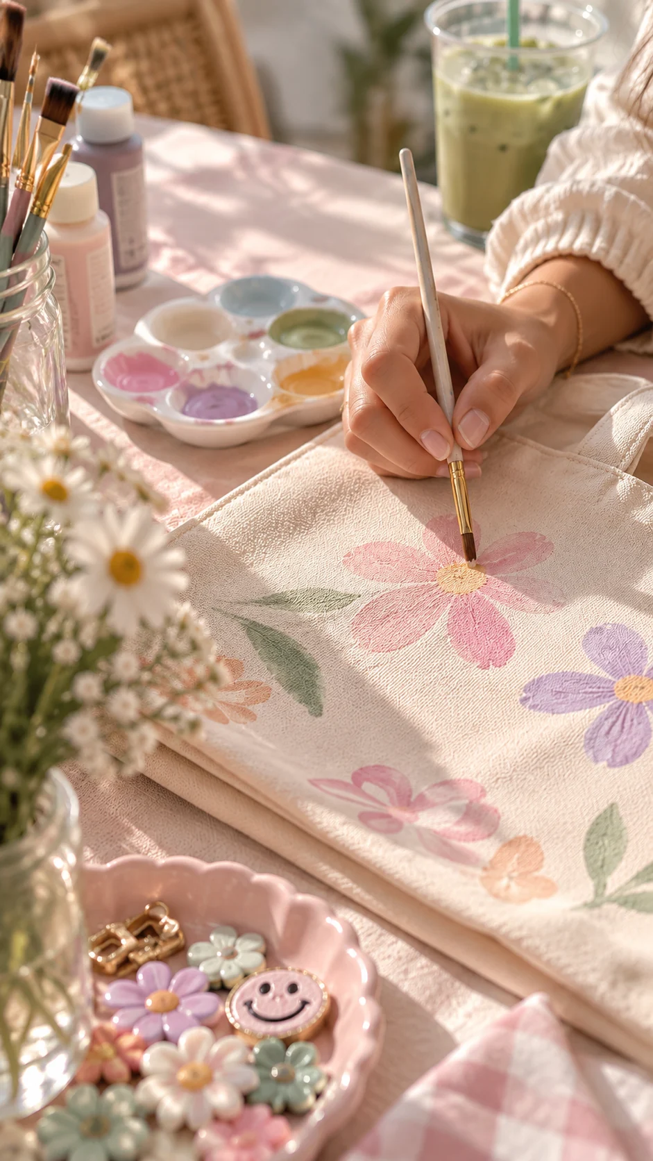 Close-up of a floral tote bag being hand painted at a creative table