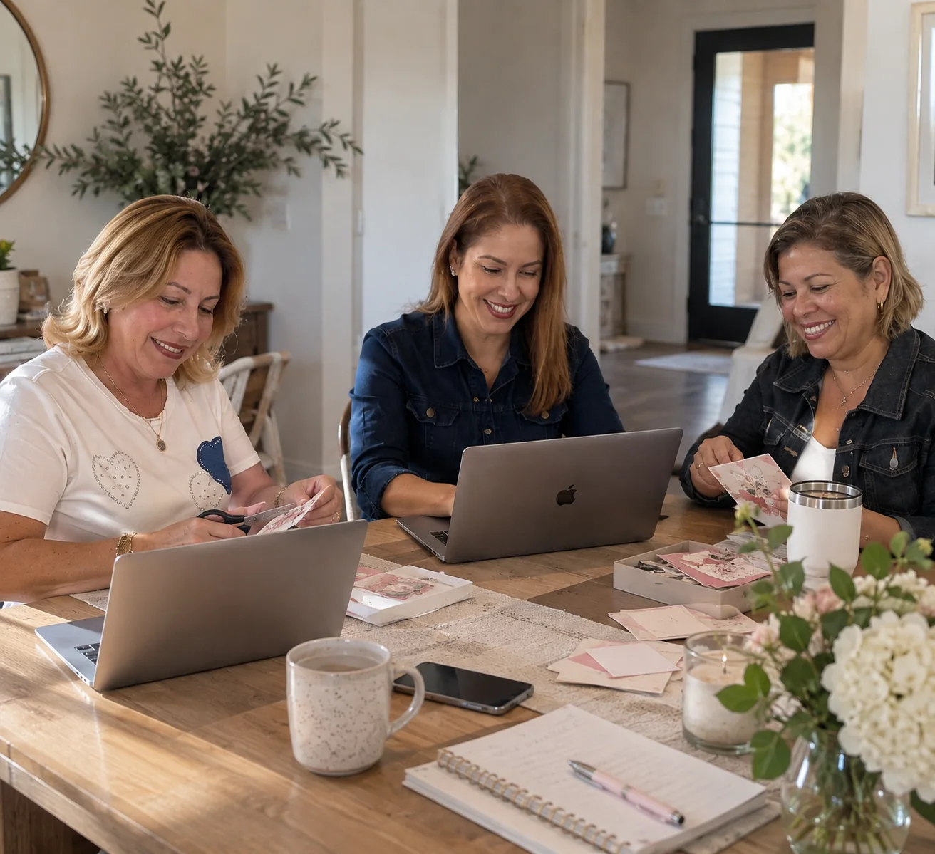 Three women working together on a laptop and delicate crafts at a warm sunlit table