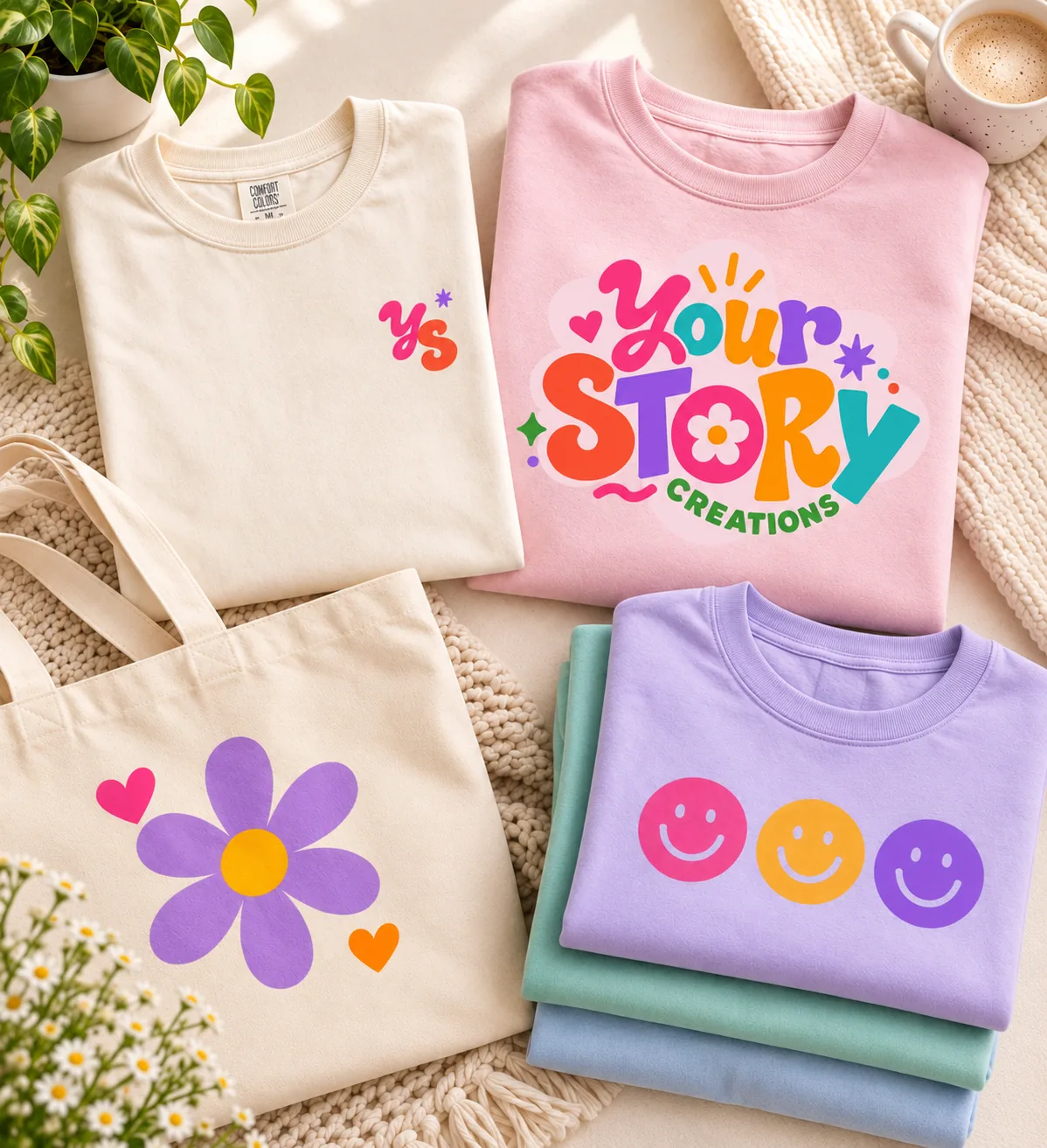 Pastel custom apparel and tote bags featuring playful Your Story Creations designs