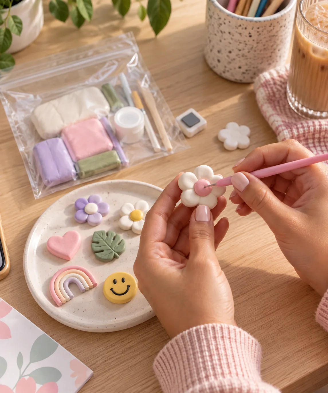 Hands making pastel air-dry clay magnets at a sunny craft table