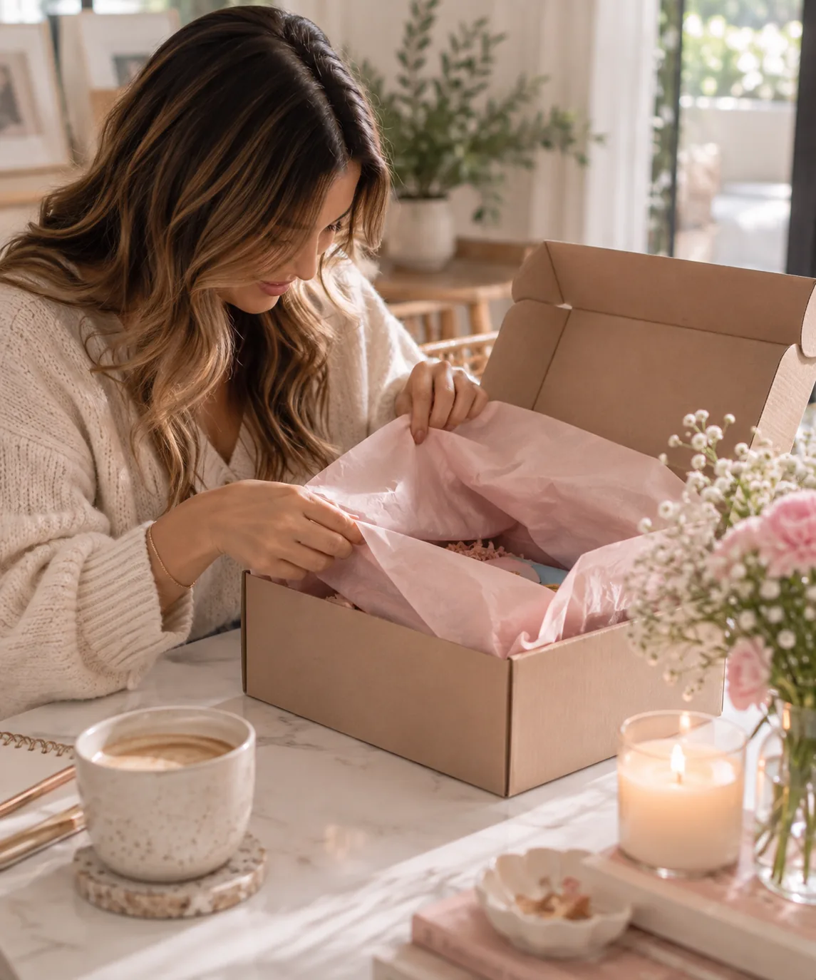A woman opening a simple blush tissue-lined mystery craft box in warm natural light