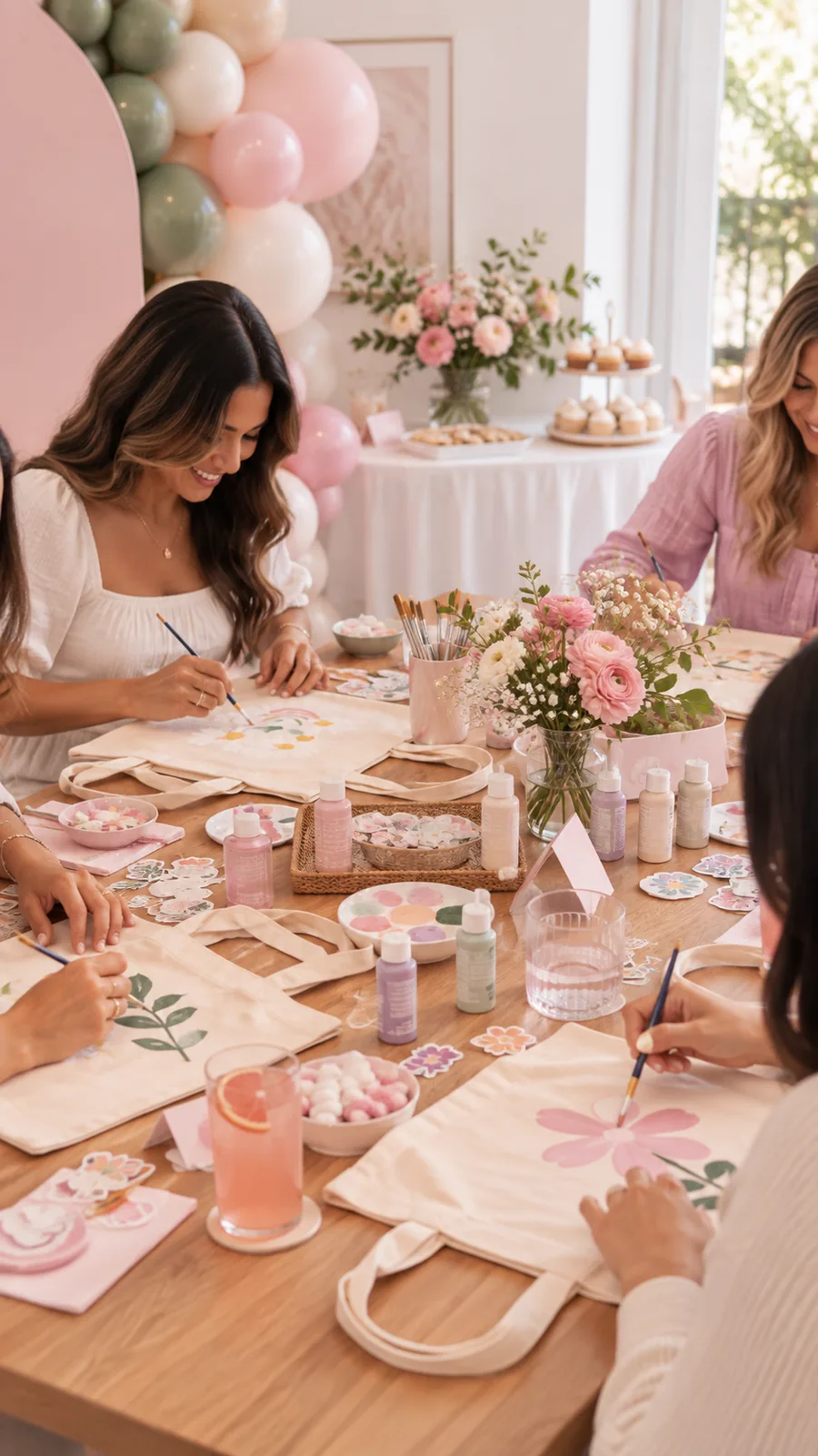 Friends painting floral tote bags together at a softly styled creative celebration