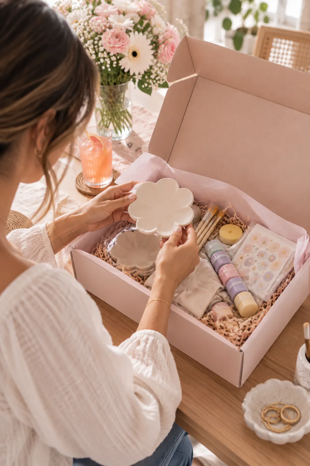 Person opening a softly packed creative event kit with a ceramic flower craft and pastel supplies