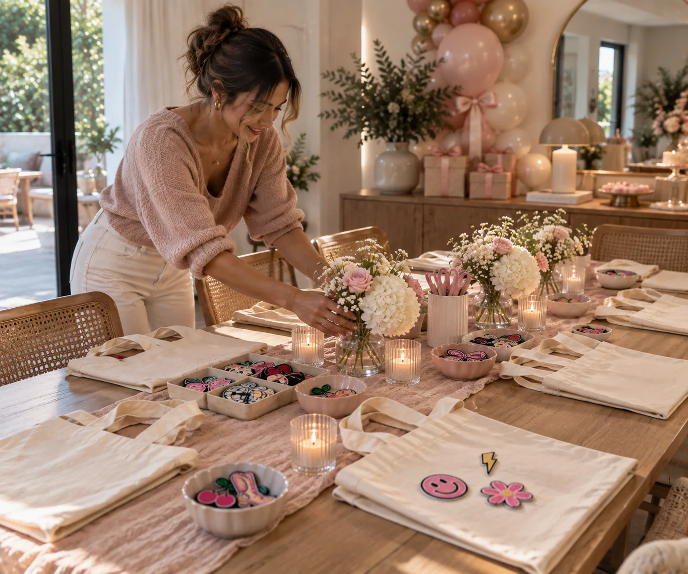 A woman setting a delicate birthday craft table with tote bags, patches, flowers, and candles