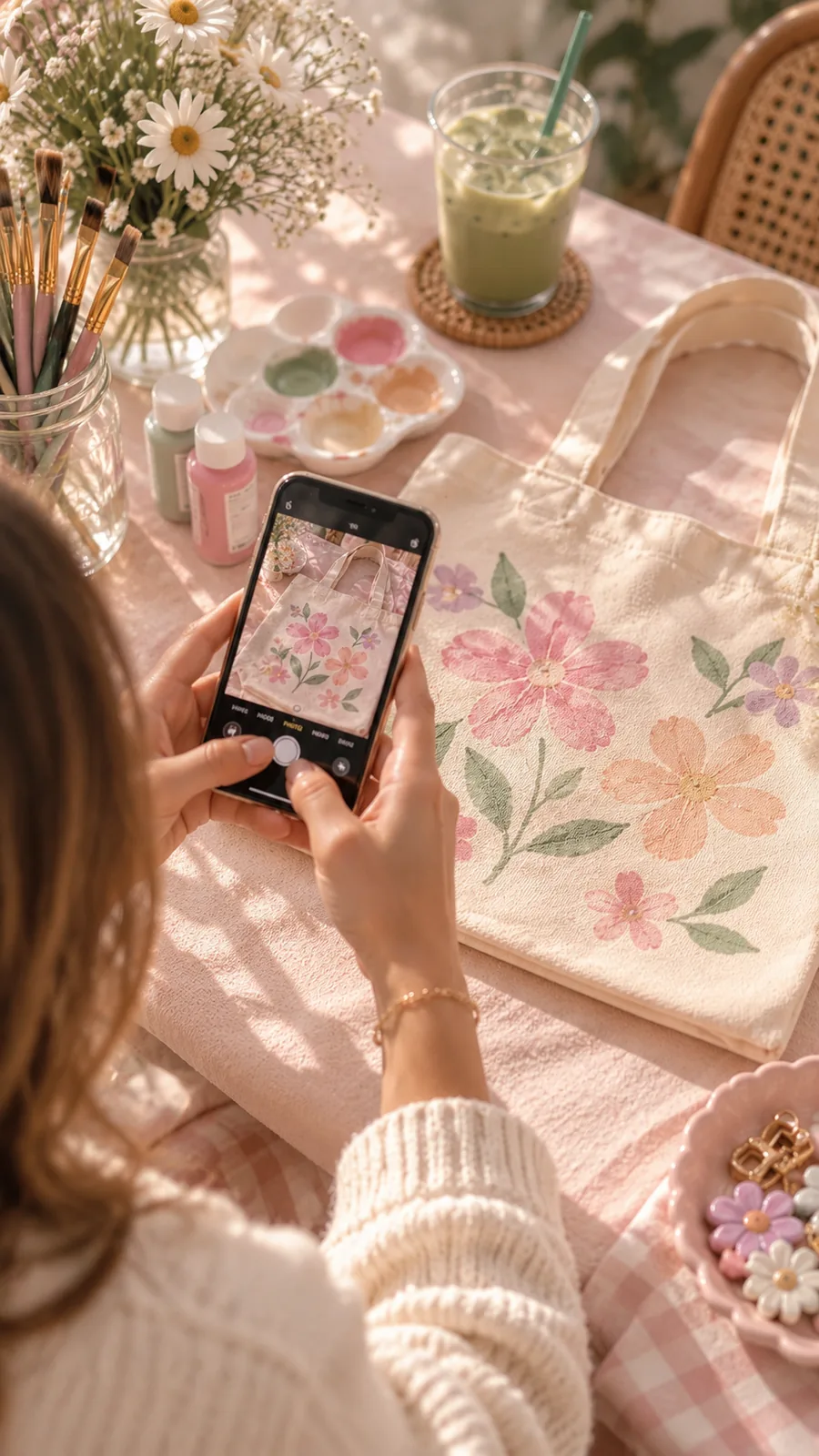 Customer photographing a finished hand-painted floral tote bag at a warm pastel craft table