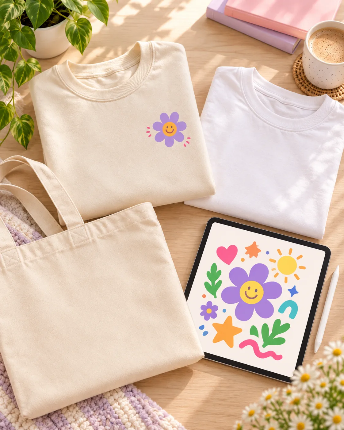 Blank apparel and tote bag beside a tablet showing uploaded artwork